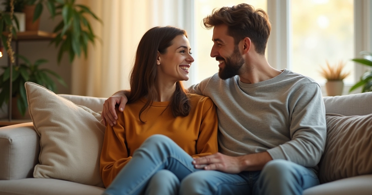 Casal conversando sentados em um ambiente acolhedor com expressão serena e comunicação aberta