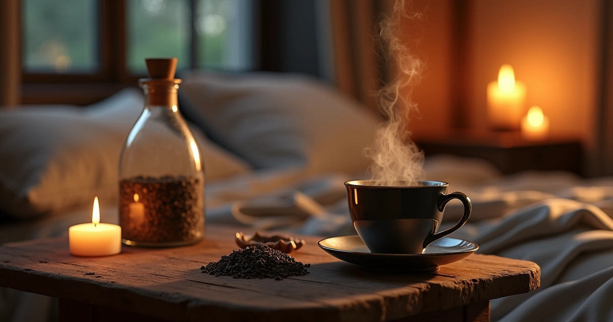Xícara de chá preto fumegante sobre mesa de madeira com vela acesa e garrafa de vidro ao fundo