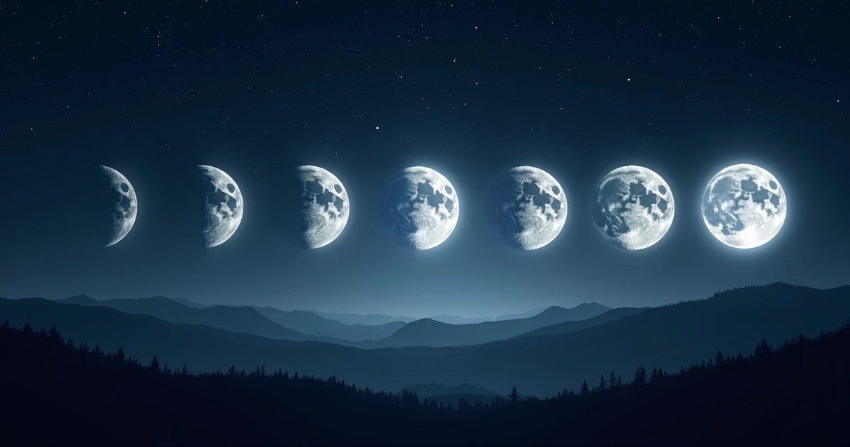 Fases da lua iluminando um céu noturno estrelado com elementos que representam emoções humanas ao redor