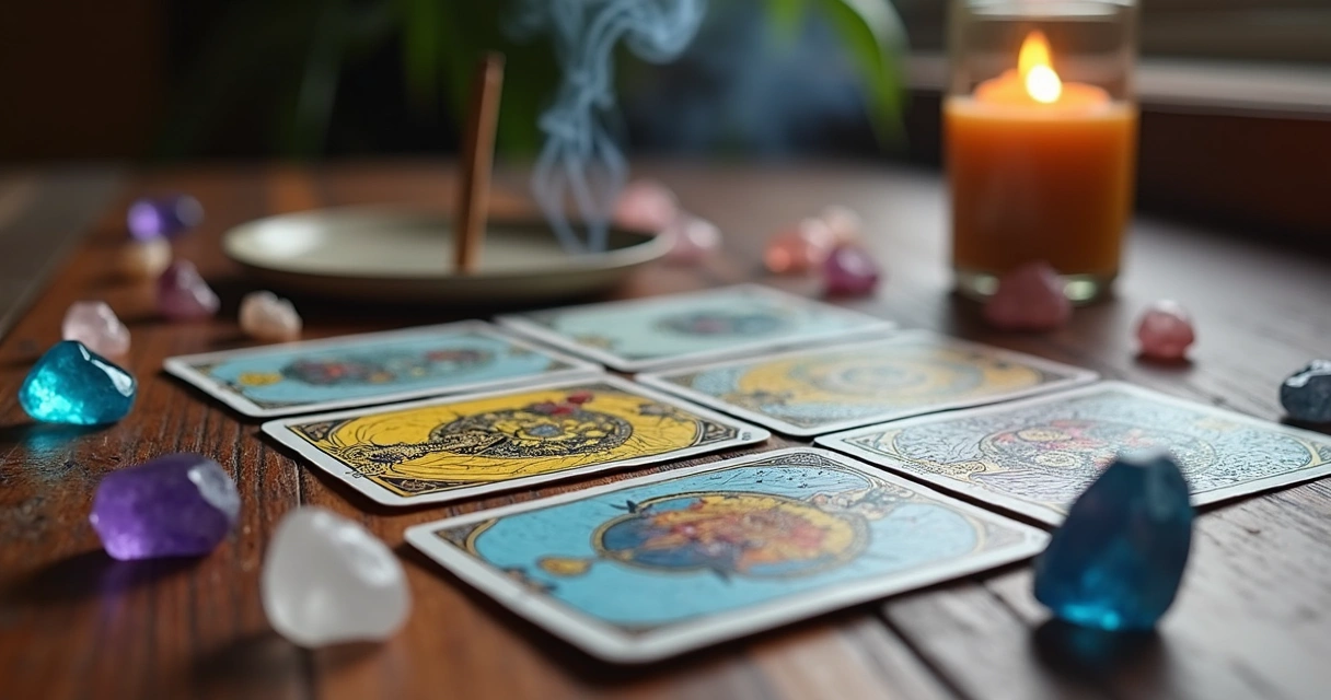 Mesa de madeira com cartas de tarot abertas, cristais coloridos e defumador aceso ao lado