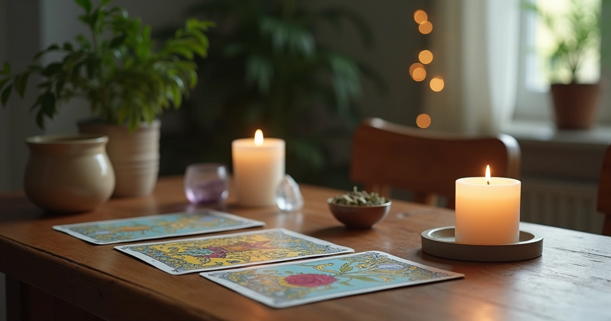Mesa com cartas de tarô dispostas, vela acesa e ambiente tranquilo para consulta de oráculo online