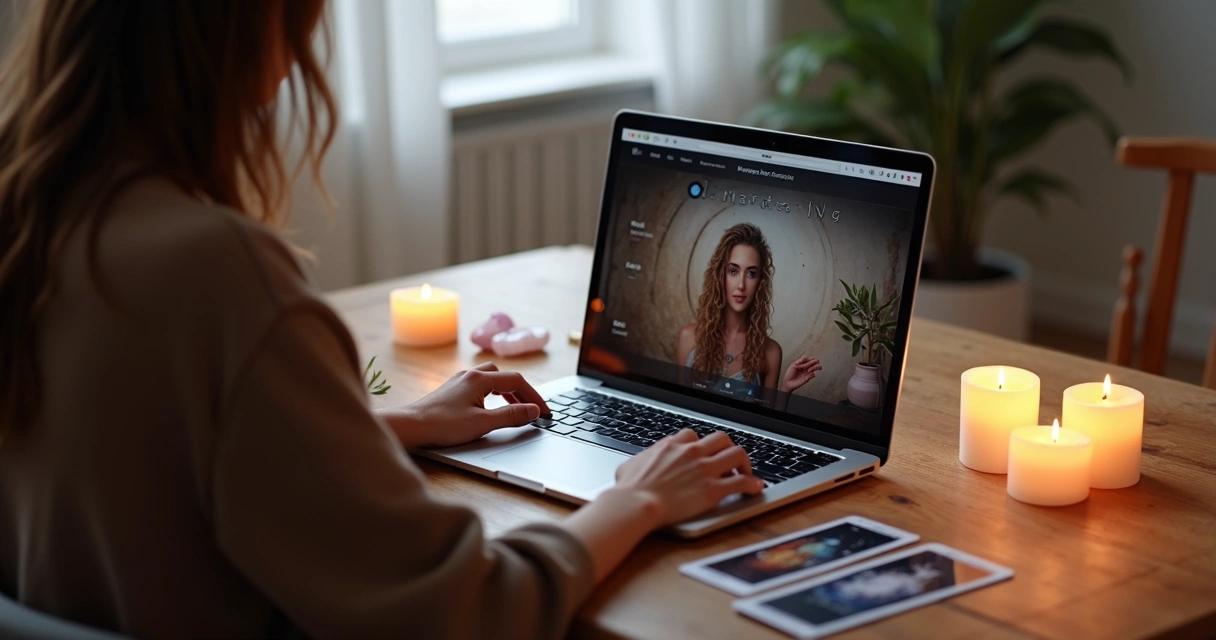 Pessoa consultando oráculo online com laptop, velas acesas e cartas de tarot ao lado na mesa clara