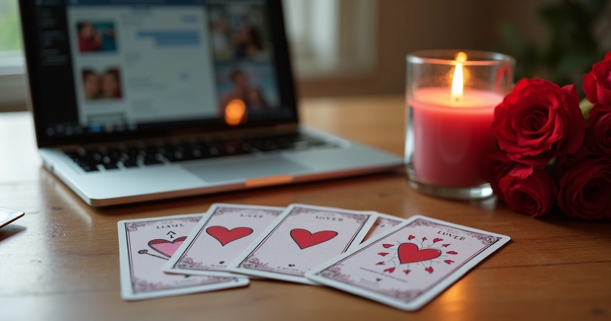 Mesa com cartas de tarot do amor dispostas, vela acesa e flores vermelhas em ambiente acolhedor para consulta online