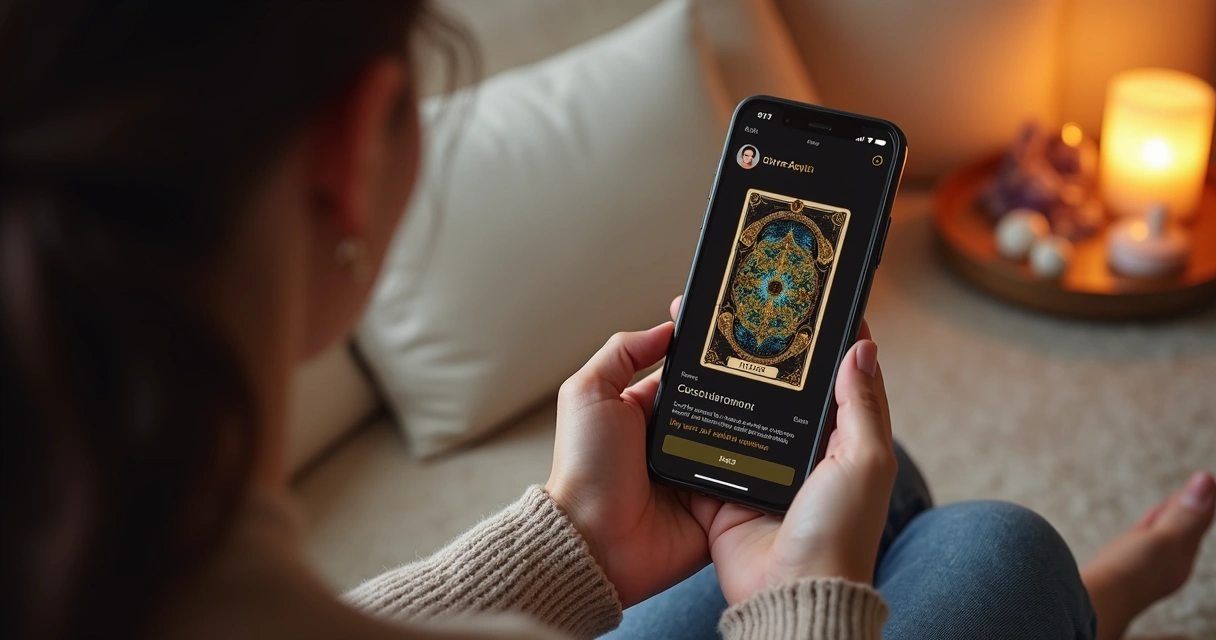 Pessoa segurando um celular exibindo consulta de tarot ao vivo com cartas virtuais na tela, ambiente interno iluminado e aconchegante