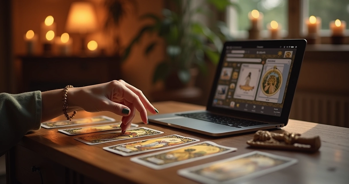 Mesa com cartas de tarot espalhadas, com mão feminina apontando para uma carta em ambiente iluminado e acolhedor