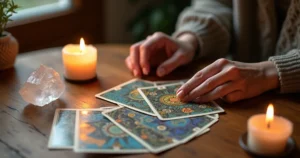 Mesa de madeira com cartas de tarot abertas, vela acesa, cristal e mãos femininas consultando as cartas