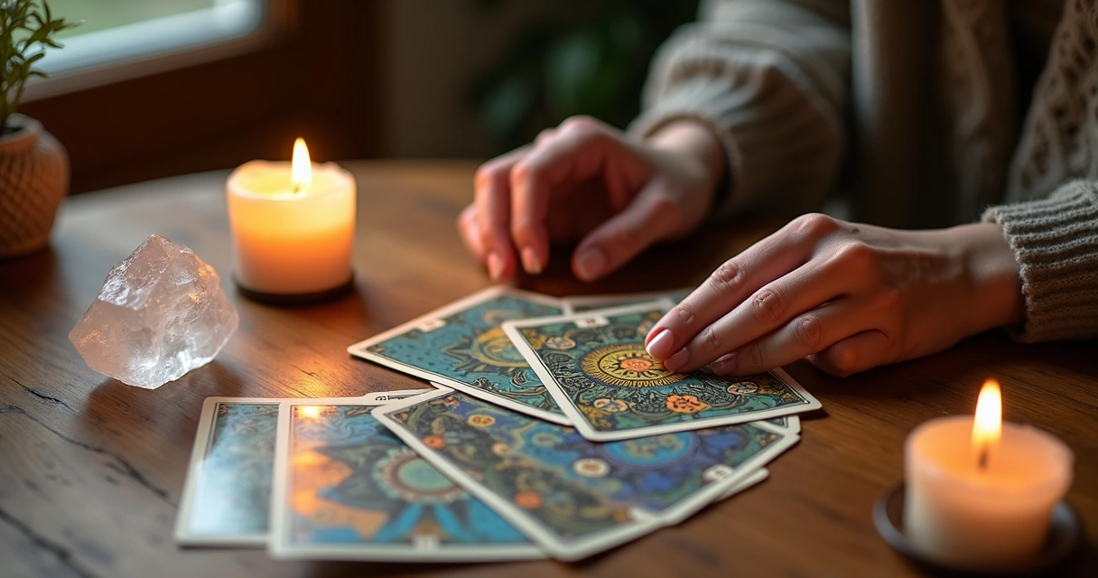 Mesa de madeira com cartas de tarot abertas, vela acesa, cristal e mãos femininas consultando as cartas