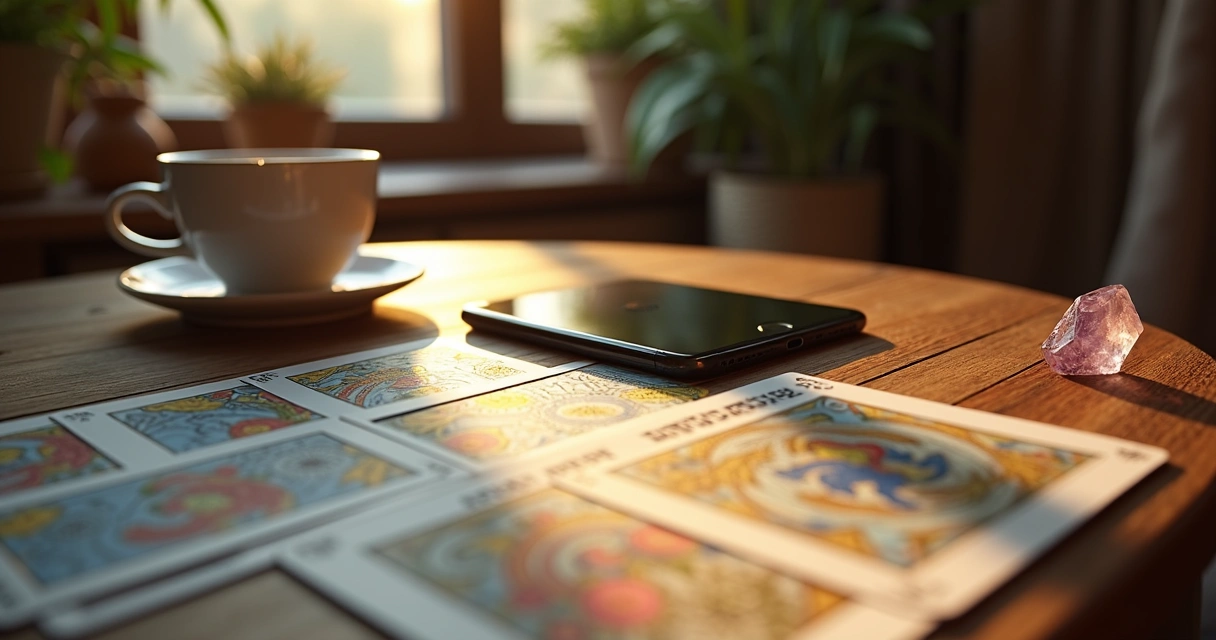 Mesa de madeira com cartas de tarot dispostas, celular ao lado mostrando uma conversa de mensagem de texto, ambiente tranquilo e iluminado por luz natural