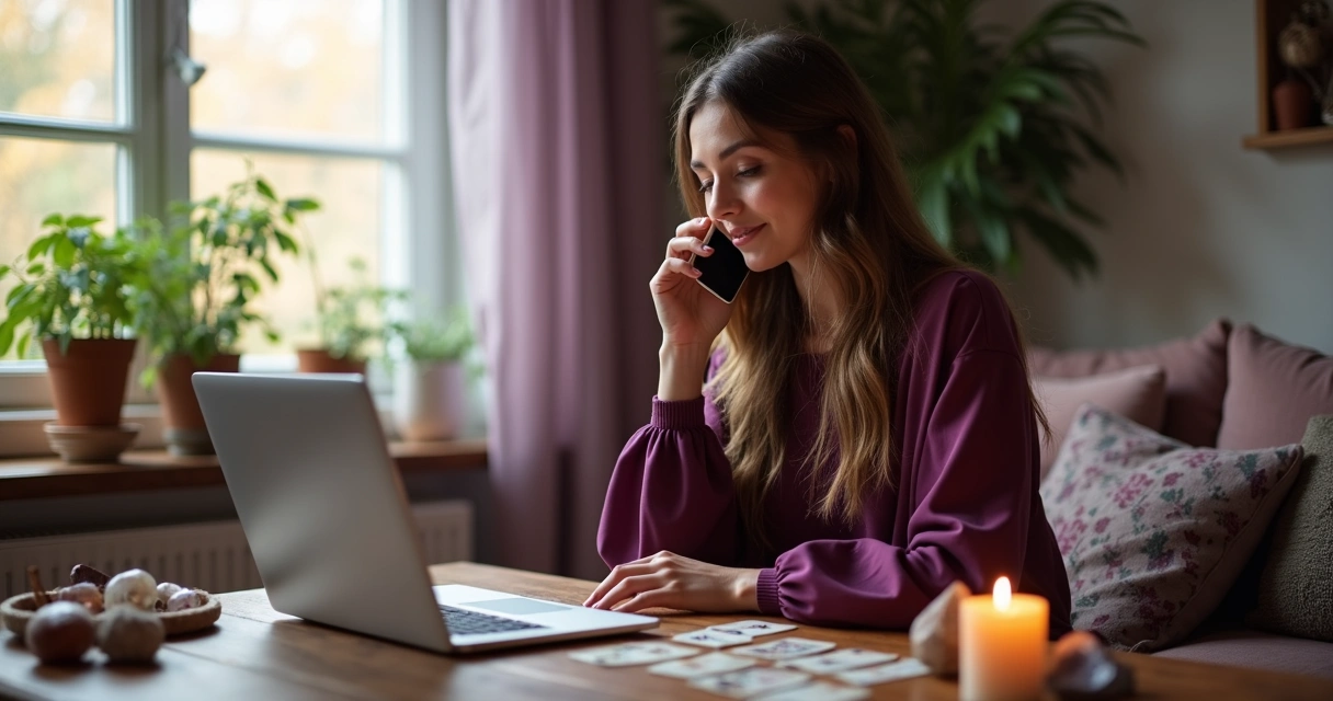 Mulher realizando consulta de tarot por áudio online em ambiente confortável com laptop e cartas de tarot