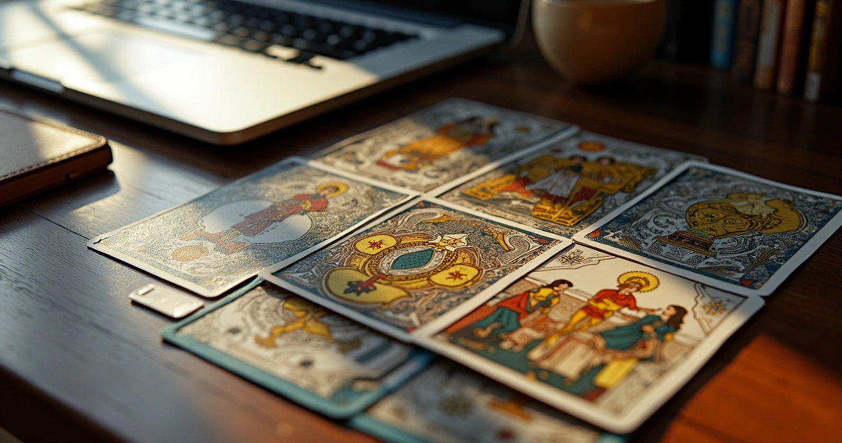 Cartas de tarot dispostas sobre uma mesa de madeira clara com elementos de escritório ao fundo, incluindo laptop e caderno, simbolizando busca por propósito profissional