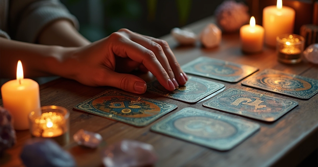 Mão feminina estendendo cartas de tarot sobre mesa de madeira com velas acesas e cristais ao redor
