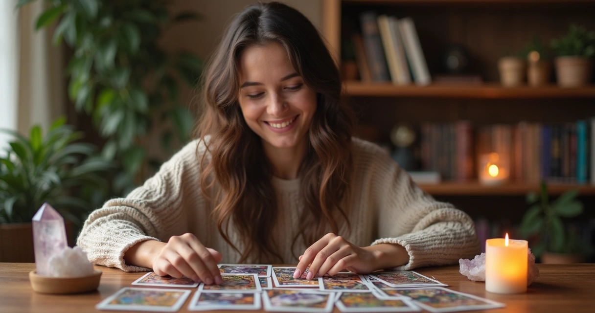 Consultora sorridente analisando cartas de tarot espalhadas sobre a mesa de madeira clara, com velas acesas e cristais ao redor, em ambiente acolhedor e iluminado