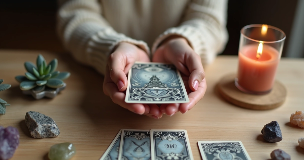 Mãos femininas segurando cartas de tarot abertas sobre mesa de madeira clara com cristais e vela acesa ao fundo