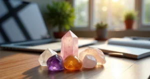 Cristais coloridos organizados sobre uma mesa de escritório com laptop e caderno ao fundo