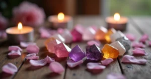 Vários cristais coloridos dispostos em círculo sobre um fundo de madeira, com velas acesas ao redor e pétalas de rosa espalhadas