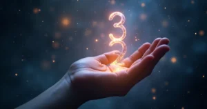 Números luminosos flutuando sobre uma mão aberta com fundo cósmico e elementos de energia vibracional