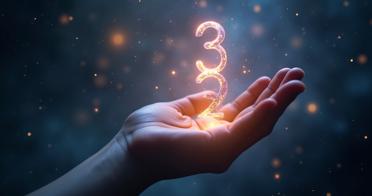 Números luminosos flutuando sobre uma mão aberta com fundo cósmico e elementos de energia vibracional