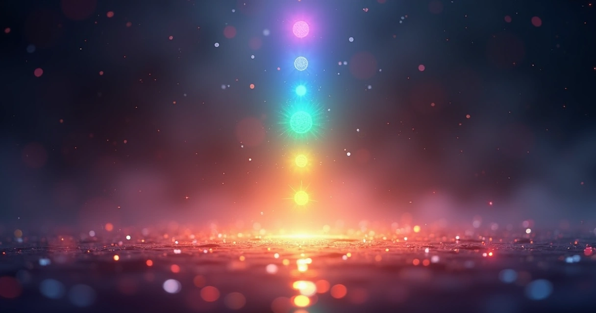 Sete chakras coloridos alinhados com luz irradiando em fundo escuro