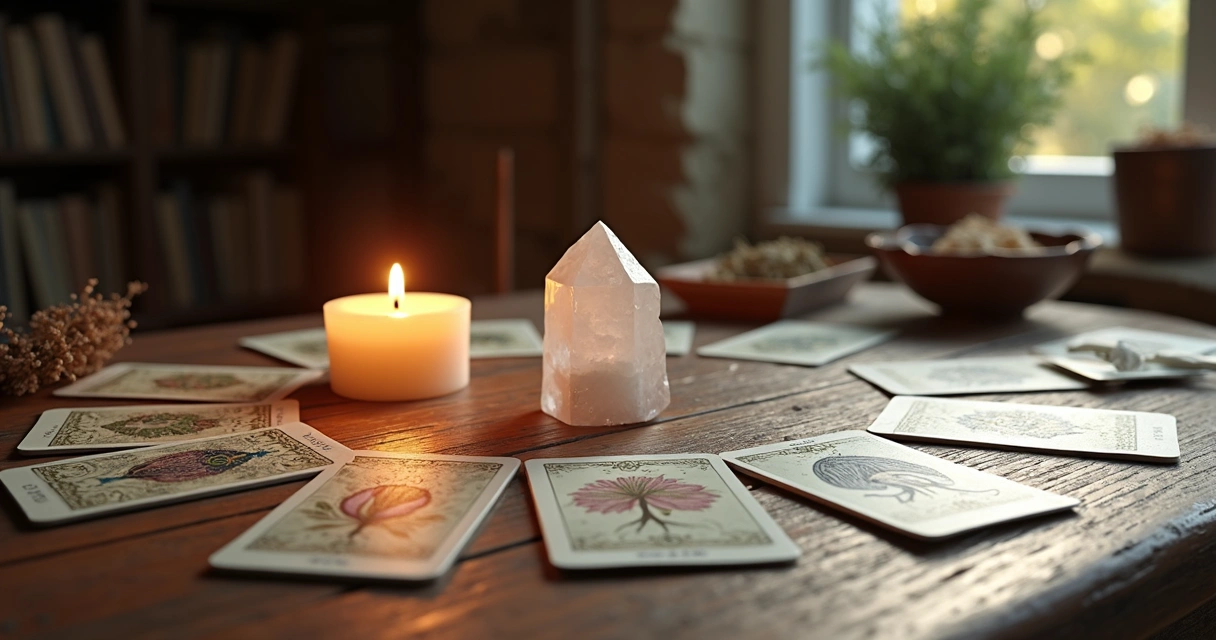 Mesa com cartas de tarot dispostas em círculo, vela acesa e pedra de cristal ao lado