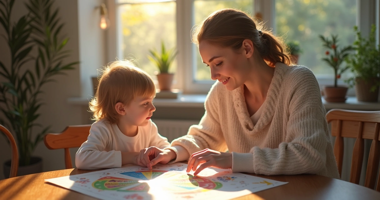 Mãe lendo mapa astral para o filho com símbolos dos signos do zodíaco ao fundo