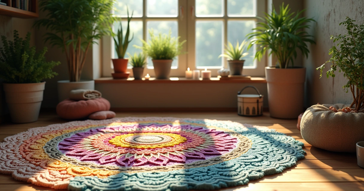 Mandalas energéticas coloridas espalhadas em ambiente de sala com plantas e luz natural