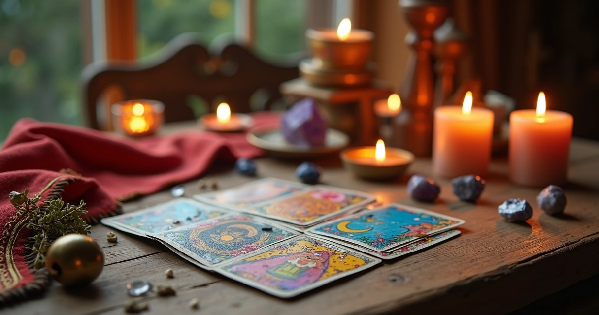 Mesa com símbolos ciganos, velas acesas, cristais e cartas de tarot para reforçar metas de Ano Novo
