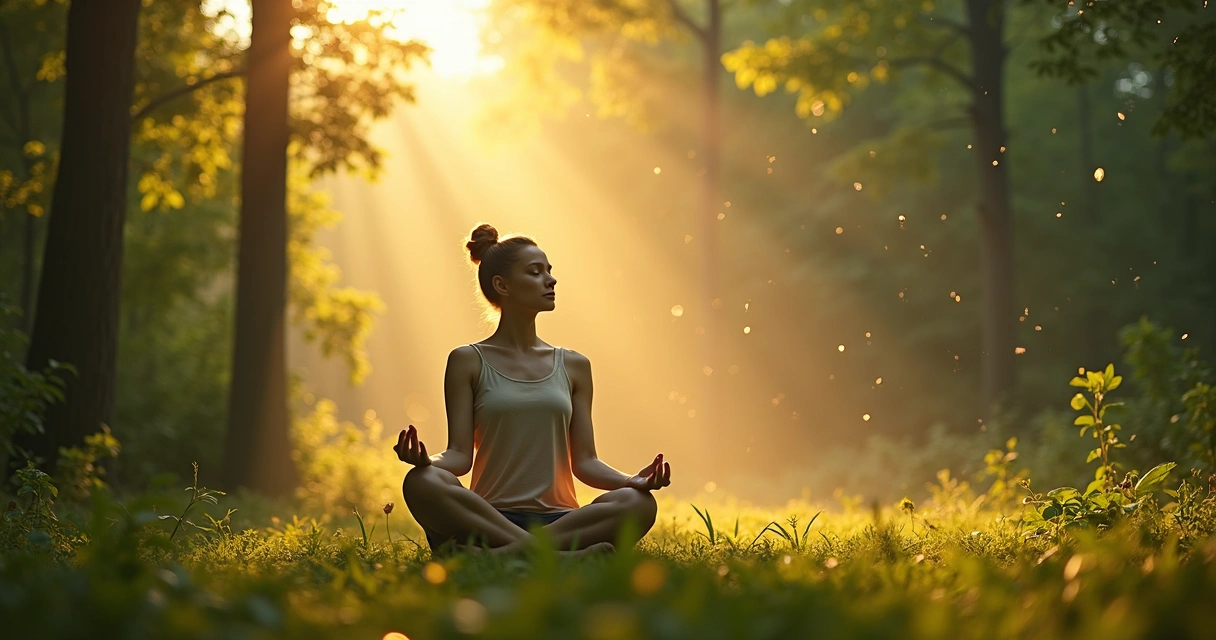 Mulher meditando sentada em clareira de floresta com luz suave e raios solares