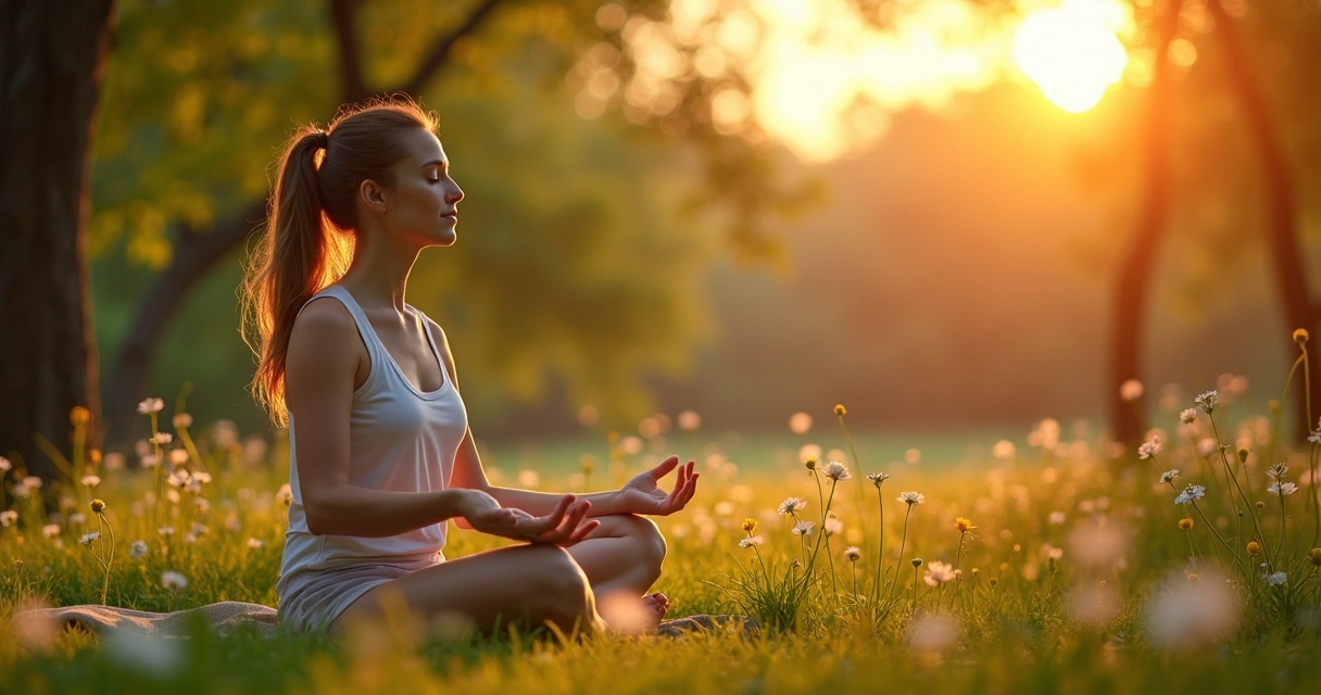 Mulher em posição de meditação com mãos no chão, rodeada por natureza vibrante e luz suave ao entardecer