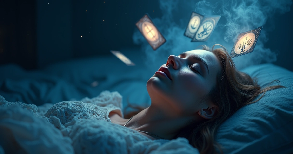 Mulher de olhos fechados sonhando, com cartas de tarot flutuando ao redor dela em um fundo azul escuro detalhado