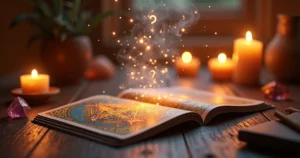 Cartas de tarot abertas com números brilhantes flutuando acima em ambiente místico com velas acesas e cristais