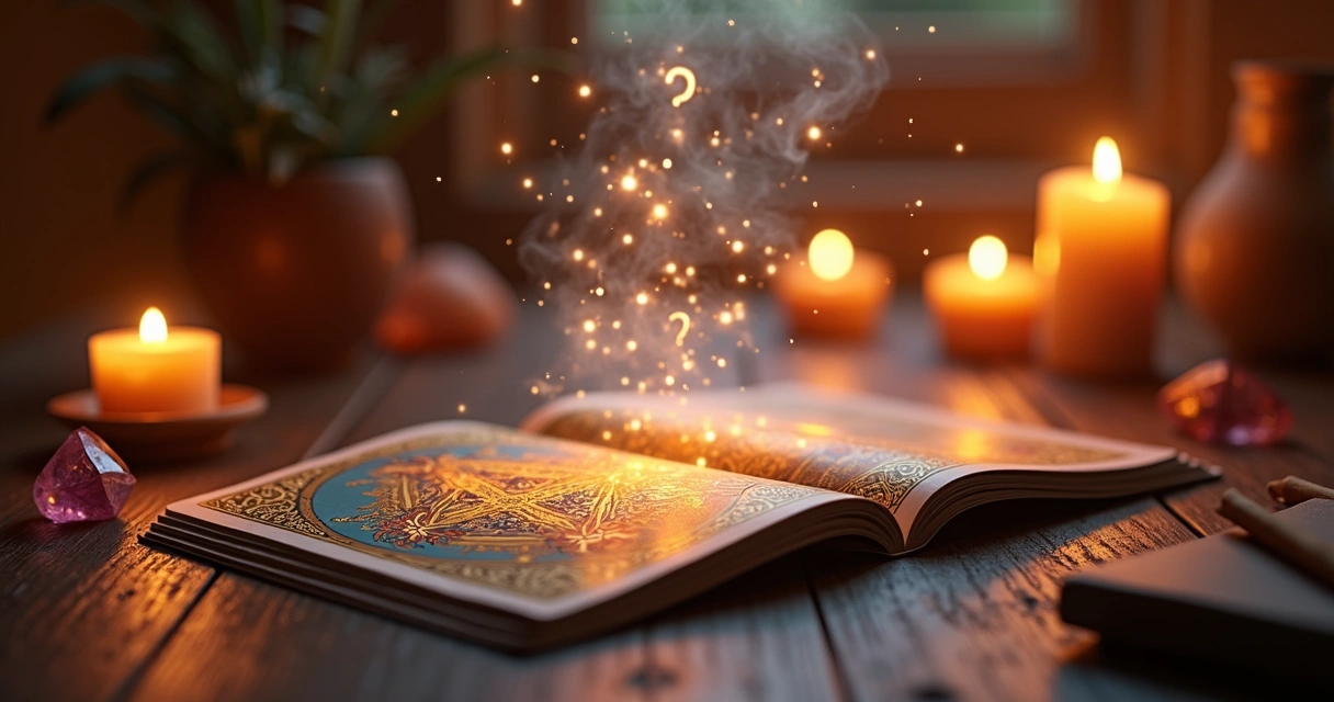 Cartas de tarot abertas com números brilhantes flutuando acima em ambiente místico com velas acesas e cristais