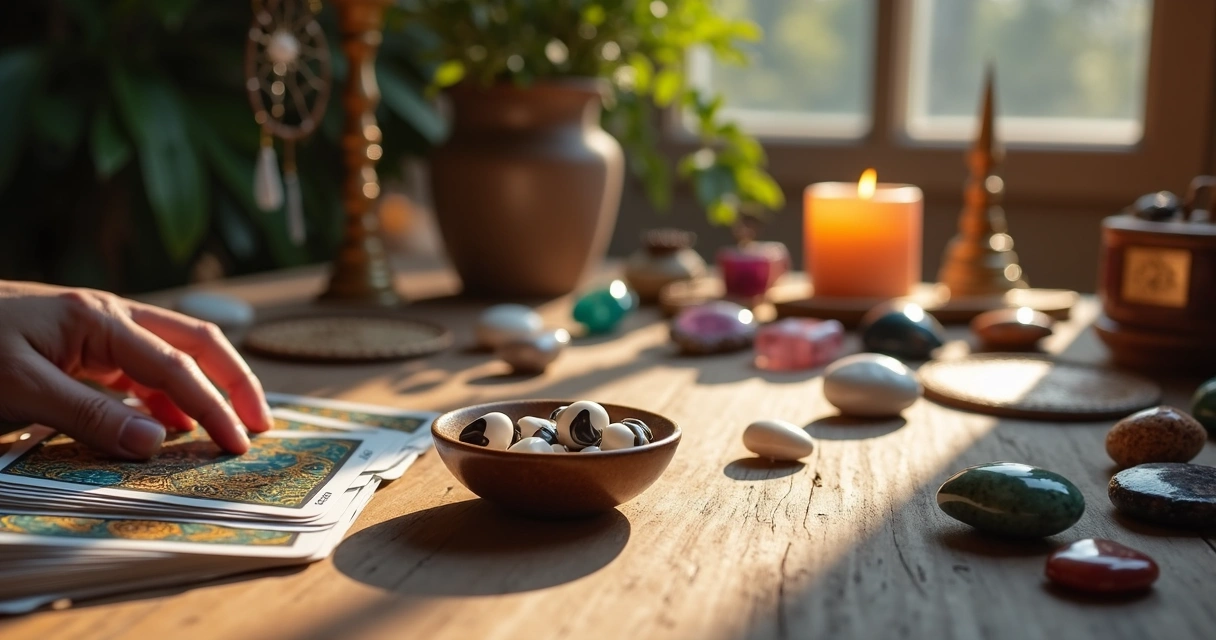 Mesa com diferentes oráculos incluindo cartas de tarot, búzios, pedras energéticas em ambiente iluminado e zen