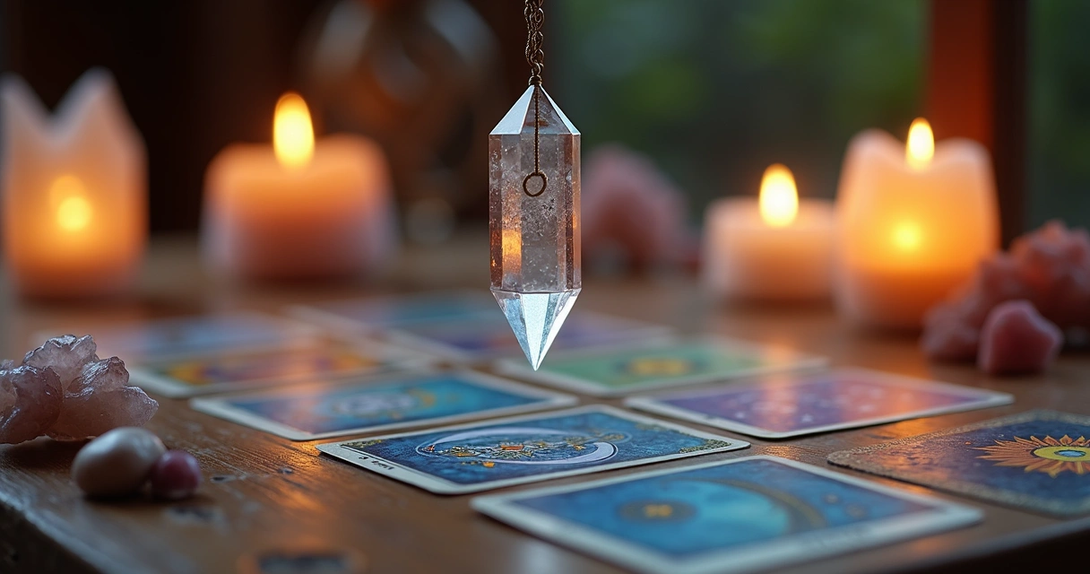 Pêndulo de cristal sobre mesa com cartas de tarot e velas acesas ao redor