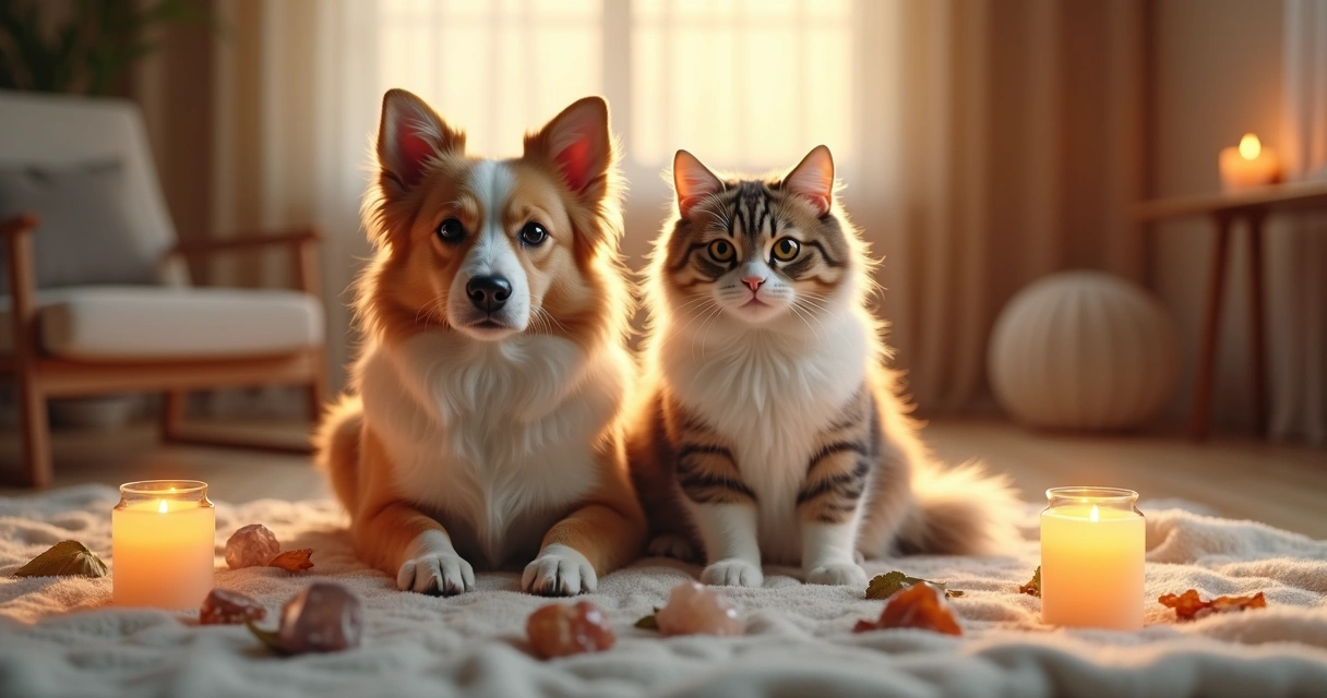 Cachorro e gato tranquilos sentados juntos em ambiente iluminado, com elementos espirituais ao redor como velas acesas, cristais e folhas secas para proteção energética