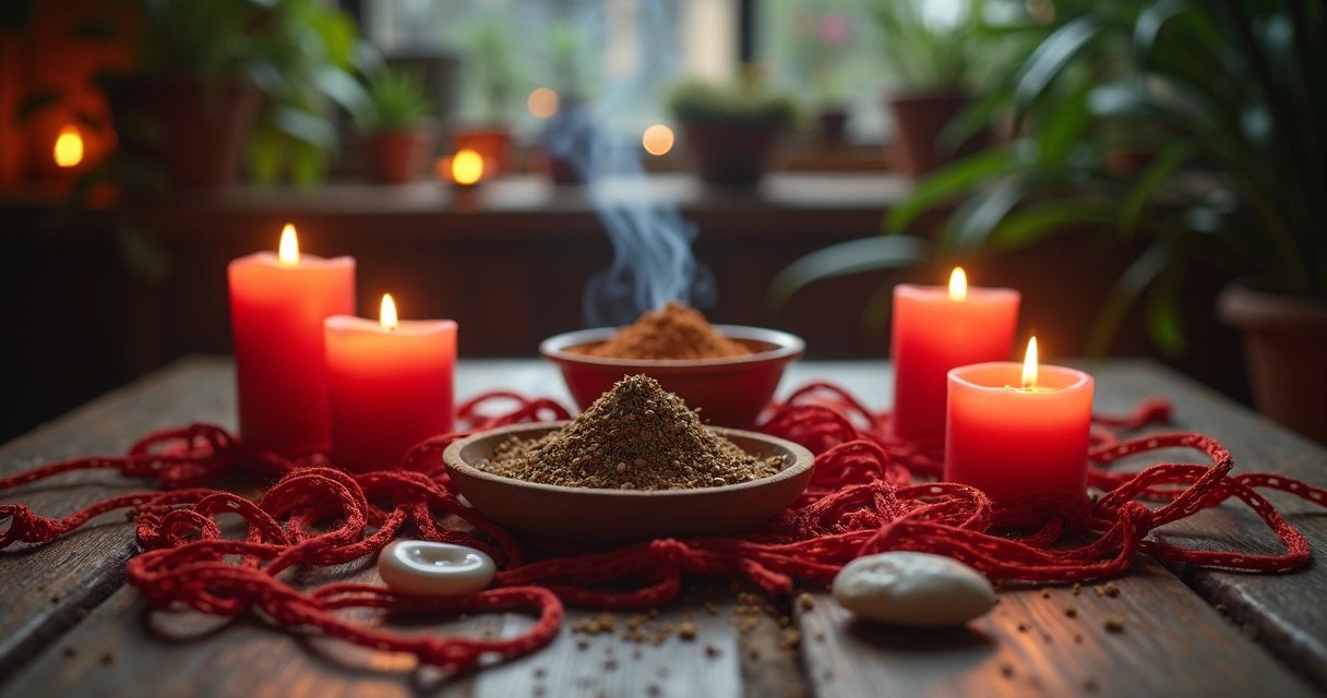 Mesa com velas acesas, fitas vermelhas e objetos ritualísticos para amarração energética