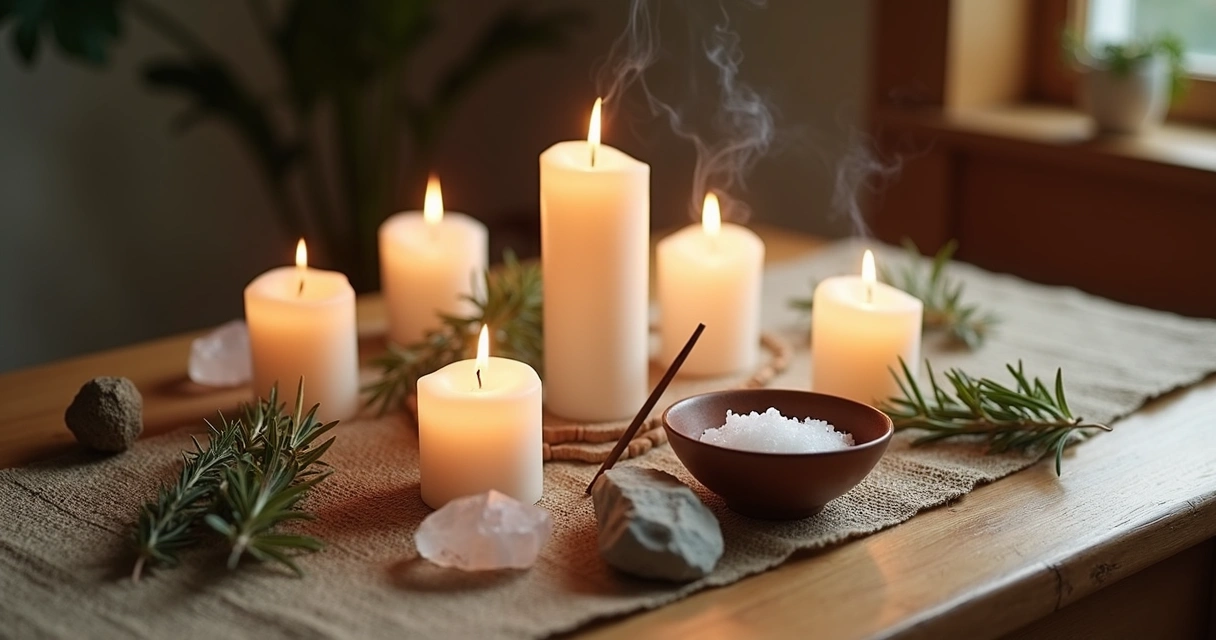 Mesa com velas brancas acesas, cristais e ervas para ritual de proteção contra magia negativa em ambiente doméstico