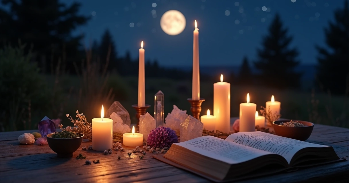 Mesa com velas acesas, cristais, flores e um livro antigo sob a luz suave da lua nova