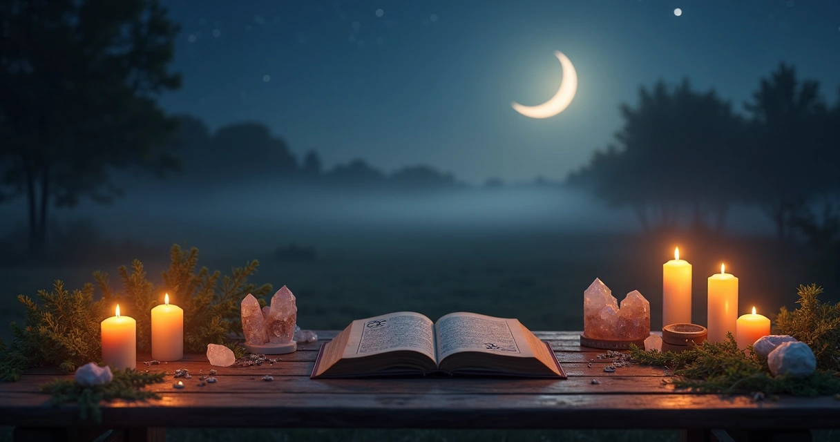 Mesa com velas acesas, cristais, ervas e um livro aberto sob a luz suave da lua crescente no céu noturno