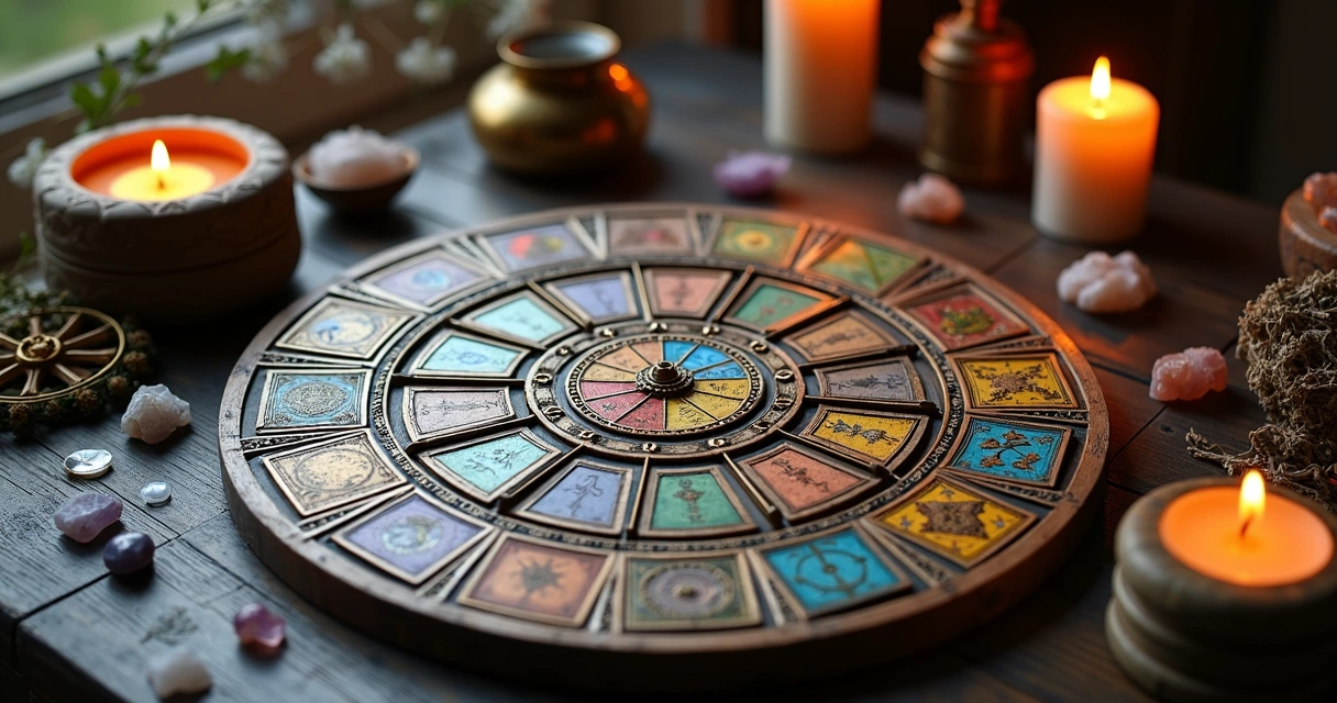 Roda astrológica cigana detalhada com símbolos e cartas de tarot coloridas sobre mesa de madeira escura