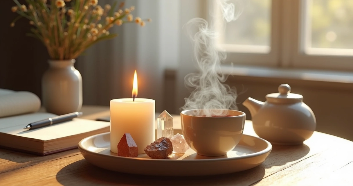 Mesa com elementos para ritual matinal, incluindo incenso aceso, vela branca, cristais e bule de chá