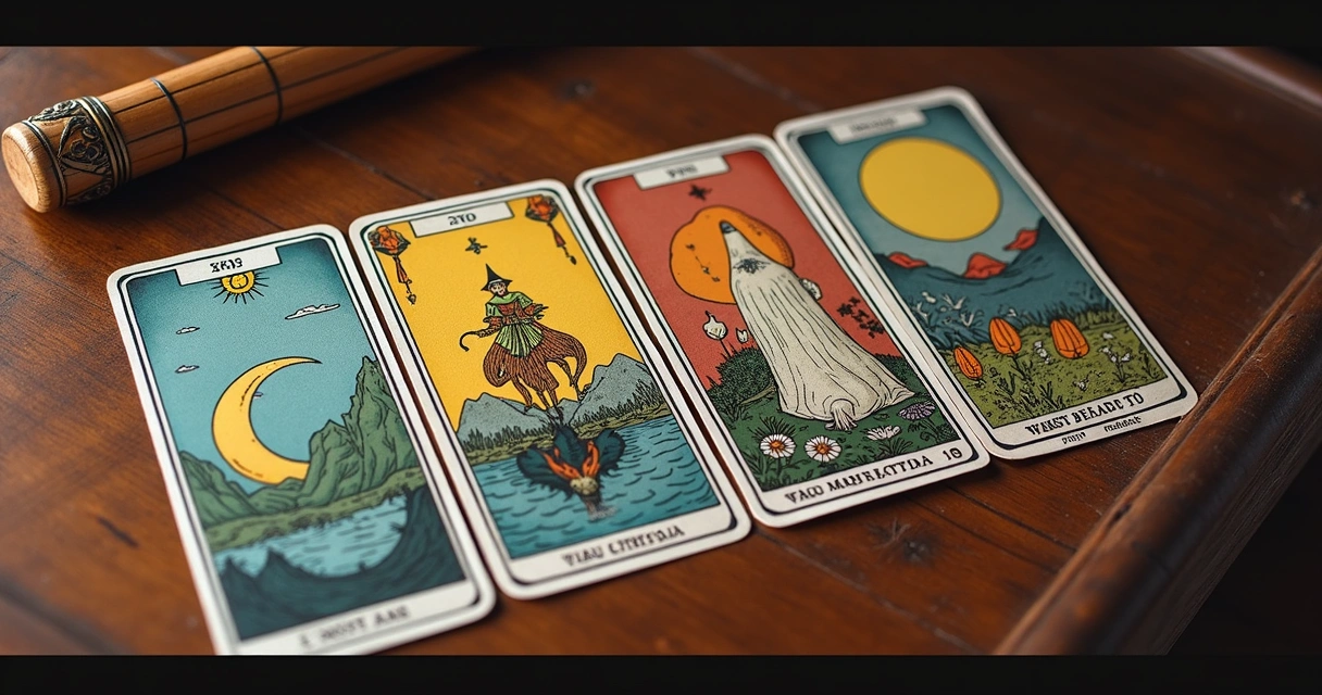 Sete cartas de tarot dispostas em leque sobre uma mesa de madeira, mostrando símbolos místicos e elementos que representam transformação e mudança para 2025