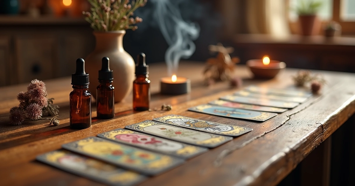 Mesa com cartas de tarot dispostas e frascos de aromaterapia ao lado, ambiente iluminado e relaxante