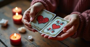 Mãos femininas segurando cartas de tarot com símbolos amorosos sobre mesa de madeira com velas e cristais