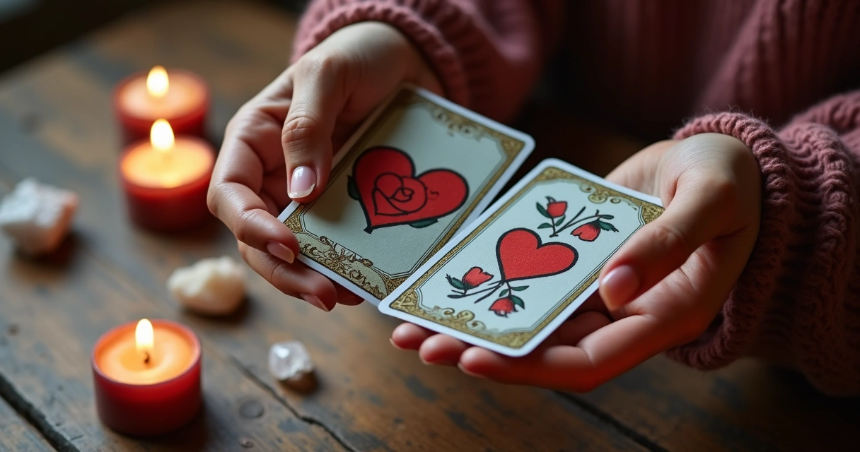 Mãos femininas segurando cartas de tarot com símbolos amorosos sobre mesa de madeira com velas e cristais
