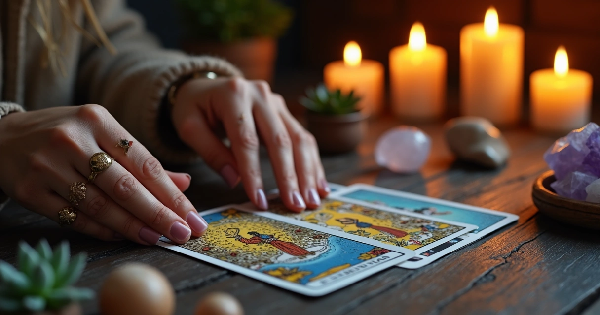 Mãos femininas segurando cartas de tarot com fundo de velas acesas e cristais sobre mesa de madeira escura