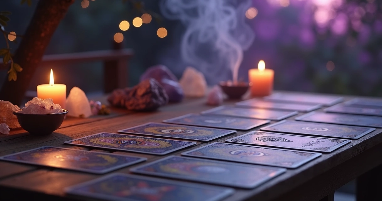Cartas de tarot dispostas em mesa com luz suave e elementos místicos ao redor