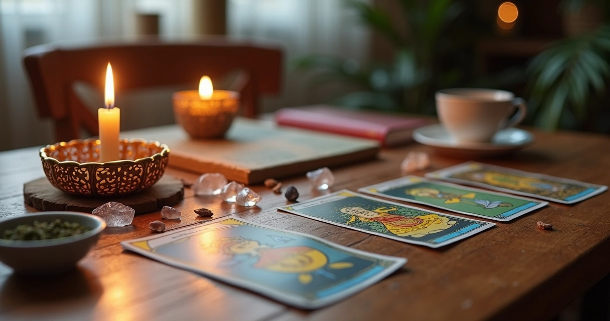 Mesa preparada para tiragem de tarot com cartas espalhadas, vela acesa e elementos espirituais ao redor