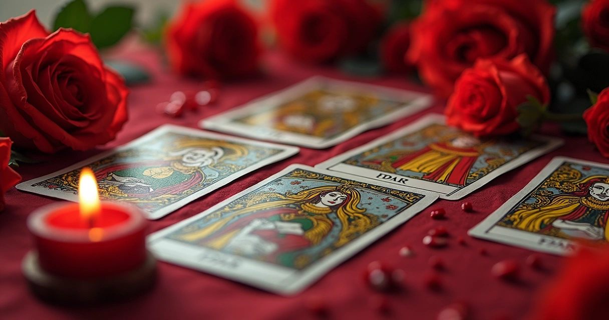 Mesa com cartas de tarot dispostas em formato de tiragem para amor, velas acesas e flores ao redor