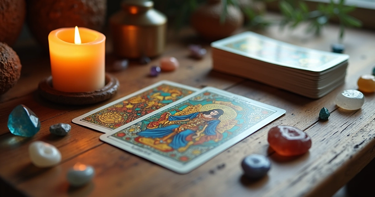 Mesa de madeira com carta de tarot aberta, baralho de tarot, vela acesa e cristais para leitura rápida