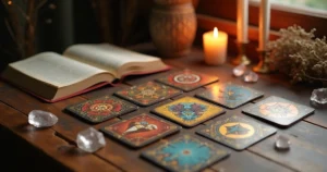 Mesa com cartas de tarot dispostas para leitura de relacionamento com velas acesas e colar de pedras ao lado